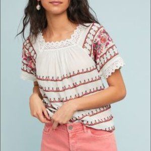 Maeve Embroidered Lace Trimmed top EUC